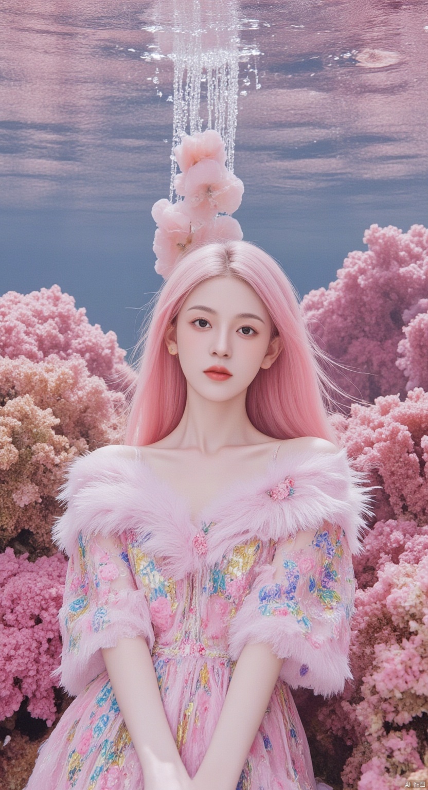 A mesmerizing underwater scene: a single girl stands majestically amidst the vibrant coral reef, her long hair flowing like seaweed in the pink mist. Her pink locks cascade down her back, while her upper body is adorned with a flowing shirt that appears to be made of iridescent sea scales. The flowers on her shirt seem to bloom in harmony with the colorful coral formations. Sharp focus and ultra-fine painting bring every detail into crystal clarity, as if gazing through an 8K lens. Studio lighting enhances the subject's features, casting a warm glow on her face. Every strand of hair, every petal, and every scale is exquisitely rendered in masterful detail, making this a true masterpiece of fantasy art.,shiny pantyhose,luoxue