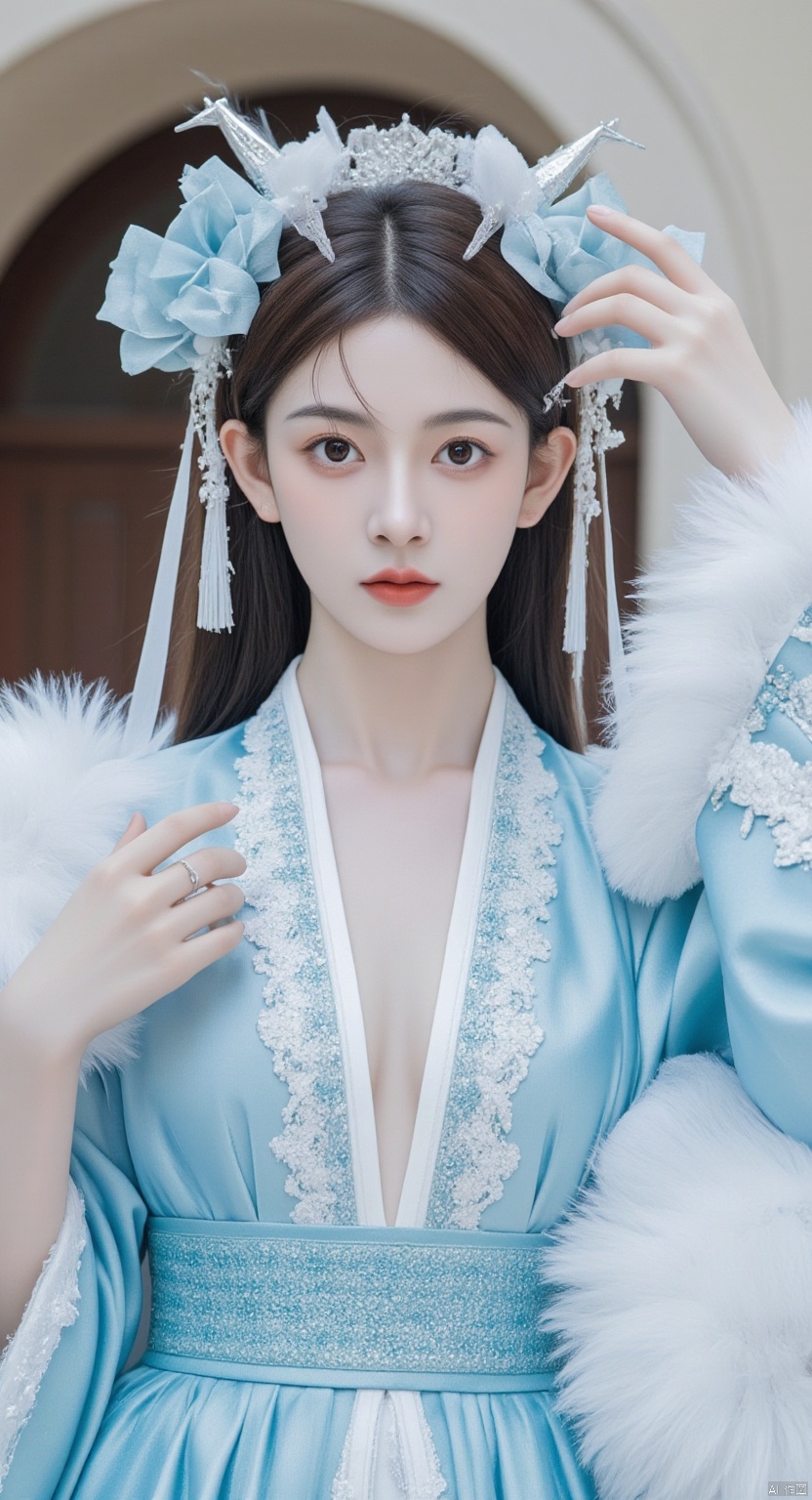 High quality,masterpiece,rich details,Blue oriental dragon,white dragon hair,real fur,xiaoyan,1girl,solo,long hair,breasts,looking at viewer,blue eyes,black hair,hair ornament,long sleeves,dress,cleavage,jewelry,medium breasts,tail,flower,earrings,horns,hair bun,blue dress,chinese clothes,single hair bun