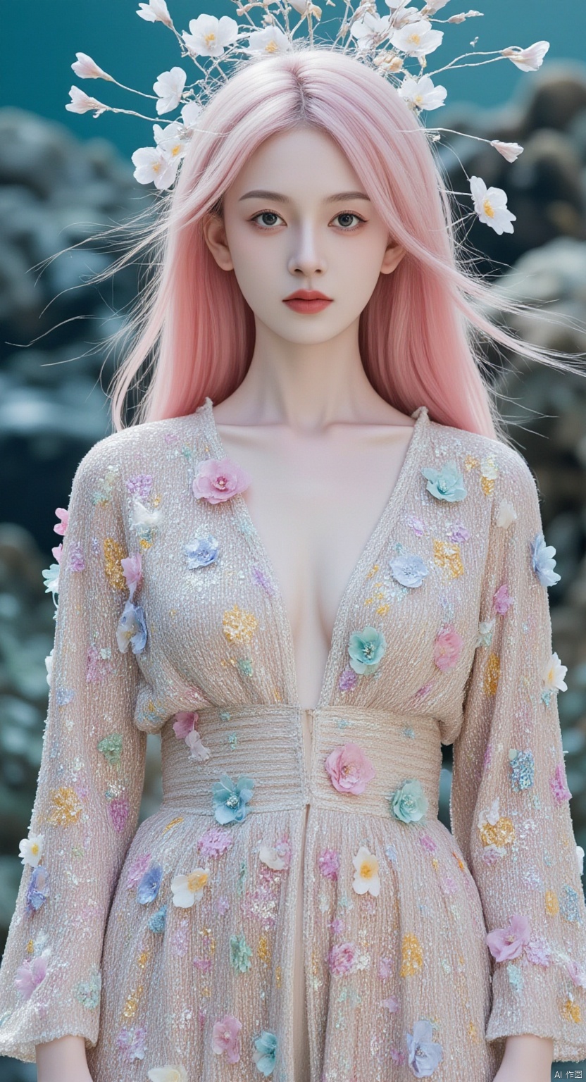 A mesmerizing underwater scene: a single girl stands majestically amidst the vibrant coral reef, her long hair flowing like seaweed in the pink mist. Her pink locks cascade down her back, while her upper body is adorned with a flowing shirt that appears to be made of iridescent sea scales. The flowers on her shirt seem to bloom in harmony with the colorful coral formations. Sharp focus and ultra-fine painting bring every detail into crystal clarity, as if gazing through an 8K lens. Studio lighting enhances the subject's features, casting a warm glow on her face. Every strand of hair, every petal, and every scale is exquisitely rendered in masterful detail, making this a true masterpiece of fantasy art.,shiny pantyhose,luoxue
