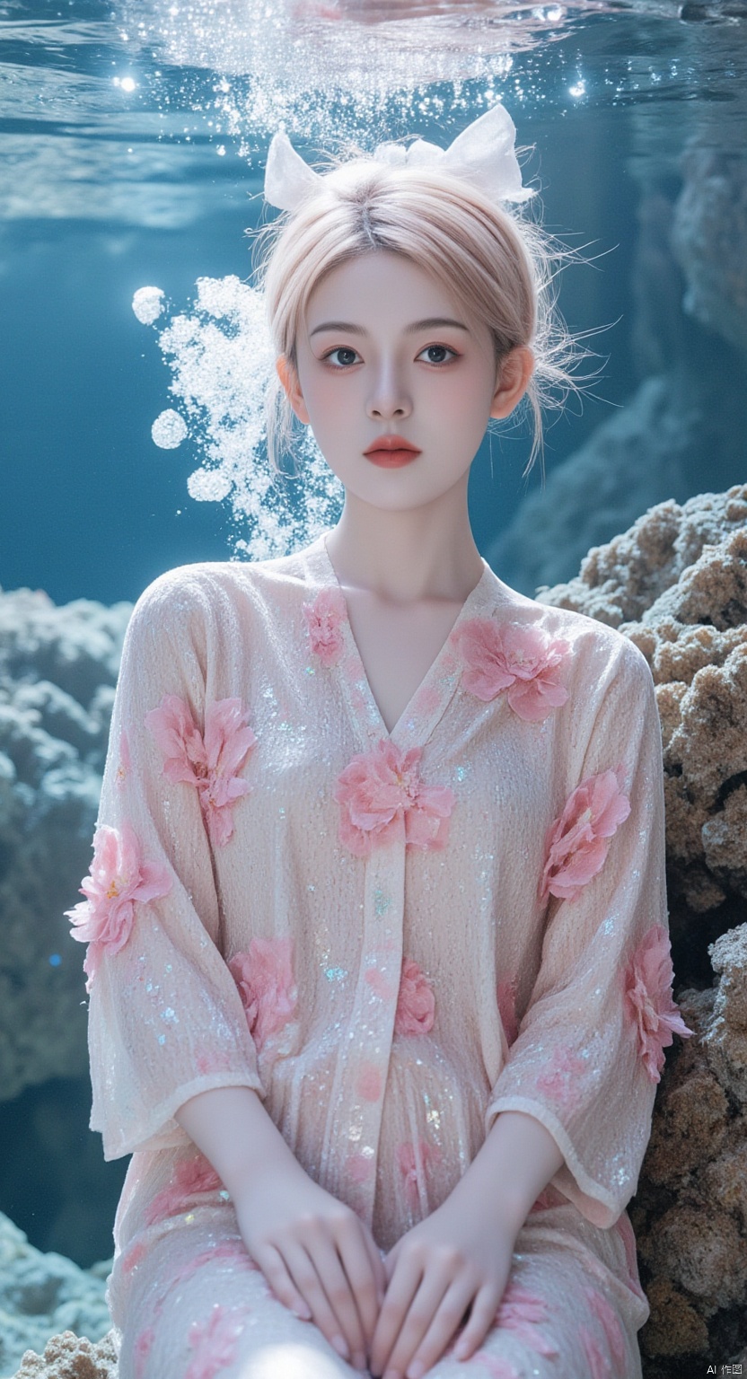 A mesmerizing underwater scene: a single girl stands majestically amidst the vibrant coral reef, her long hair flowing like seaweed in the pink mist. Her pink locks cascade down her back, while her upper body is adorned with a flowing shirt that appears to be made of iridescent sea scales. The flowers on her shirt seem to bloom in harmony with the colorful coral formations. Sharp focus and ultra-fine painting bring every detail into crystal clarity, as if gazing through an 8K lens. Studio lighting enhances the subject's features, casting a warm glow on her face. Every strand of hair, every petal, and every scale is exquisitely rendered in masterful detail, making this a true masterpiece of fantasy art.,shiny pantyhose,luoxue