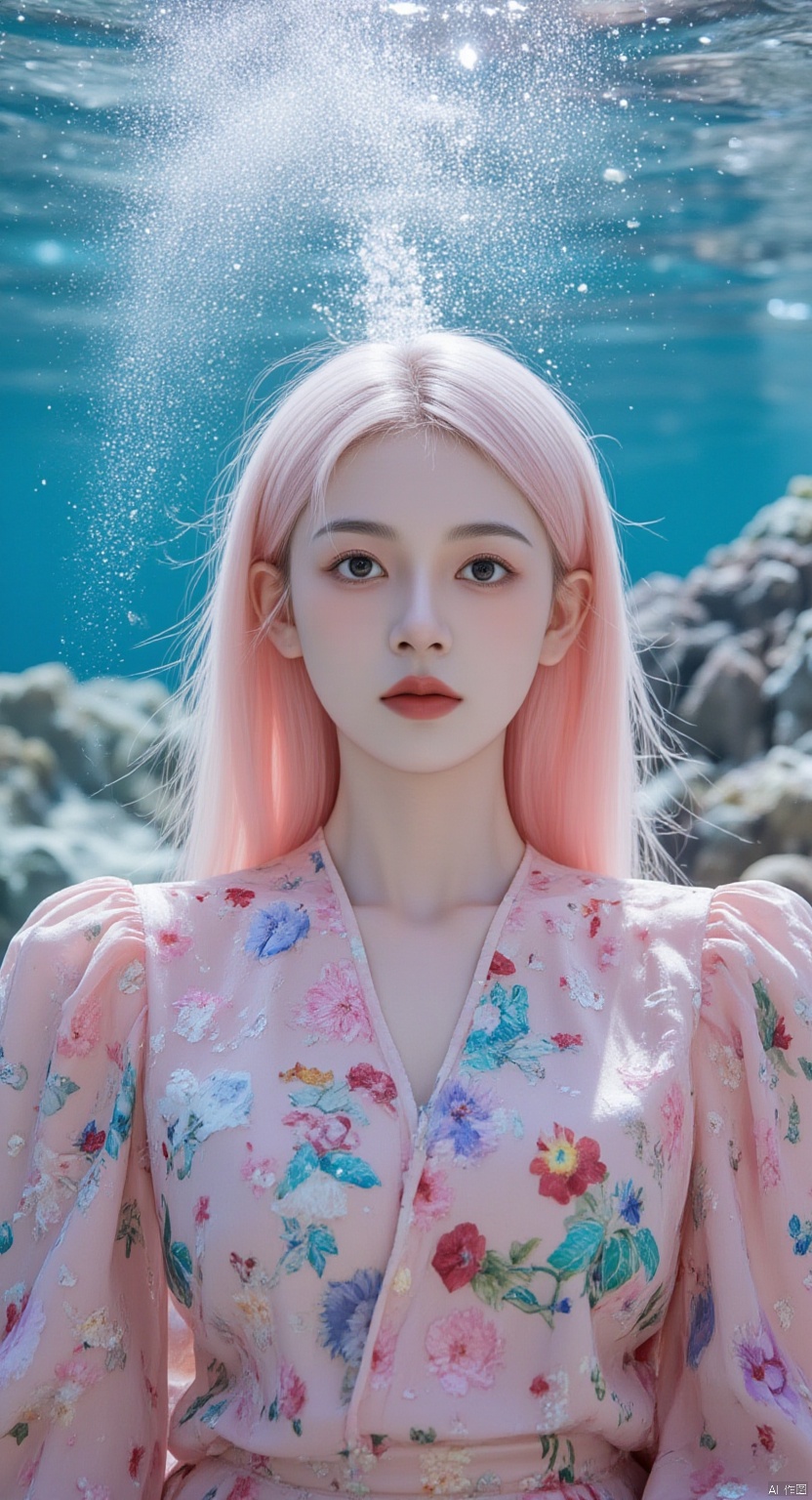 A mesmerizing underwater scene: a single girl stands majestically amidst the vibrant coral reef, her long hair flowing like seaweed in the pink mist. Her pink locks cascade down her back, while her upper body is adorned with a flowing shirt that appears to be made of iridescent sea scales. The flowers on her shirt seem to bloom in harmony with the colorful coral formations. Sharp focus and ultra-fine painting bring every detail into crystal clarity, as if gazing through an 8K lens. Studio lighting enhances the subject's features, casting a warm glow on her face. Every strand of hair, every petal, and every scale is exquisitely rendered in masterful detail, making this a true masterpiece of fantasy art.,shiny pantyhose,luoxue