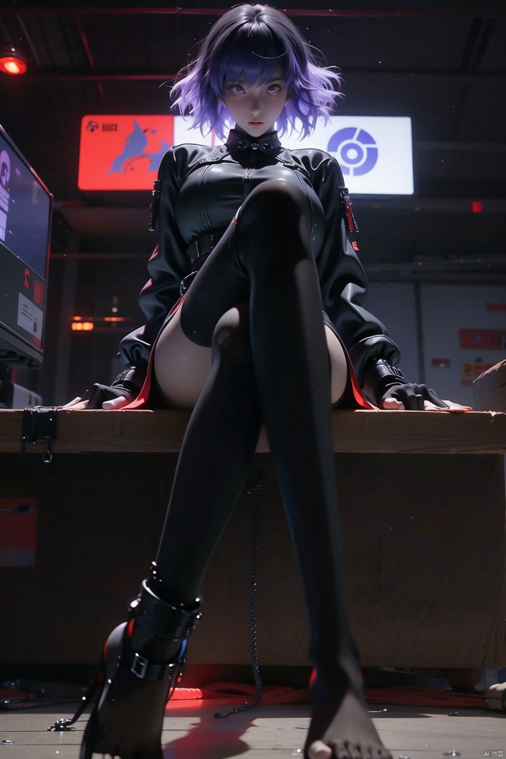 1girl
solo
short hair
bangs
black hair
gloves
sitting
purple eyes
jacket
full body
pantyhose
black gloves
fingerless gloves
feet
torn clothes
toes
no shoes
box
torn pantyhose
cyborg
cyberpunk
kusanagi motoko

