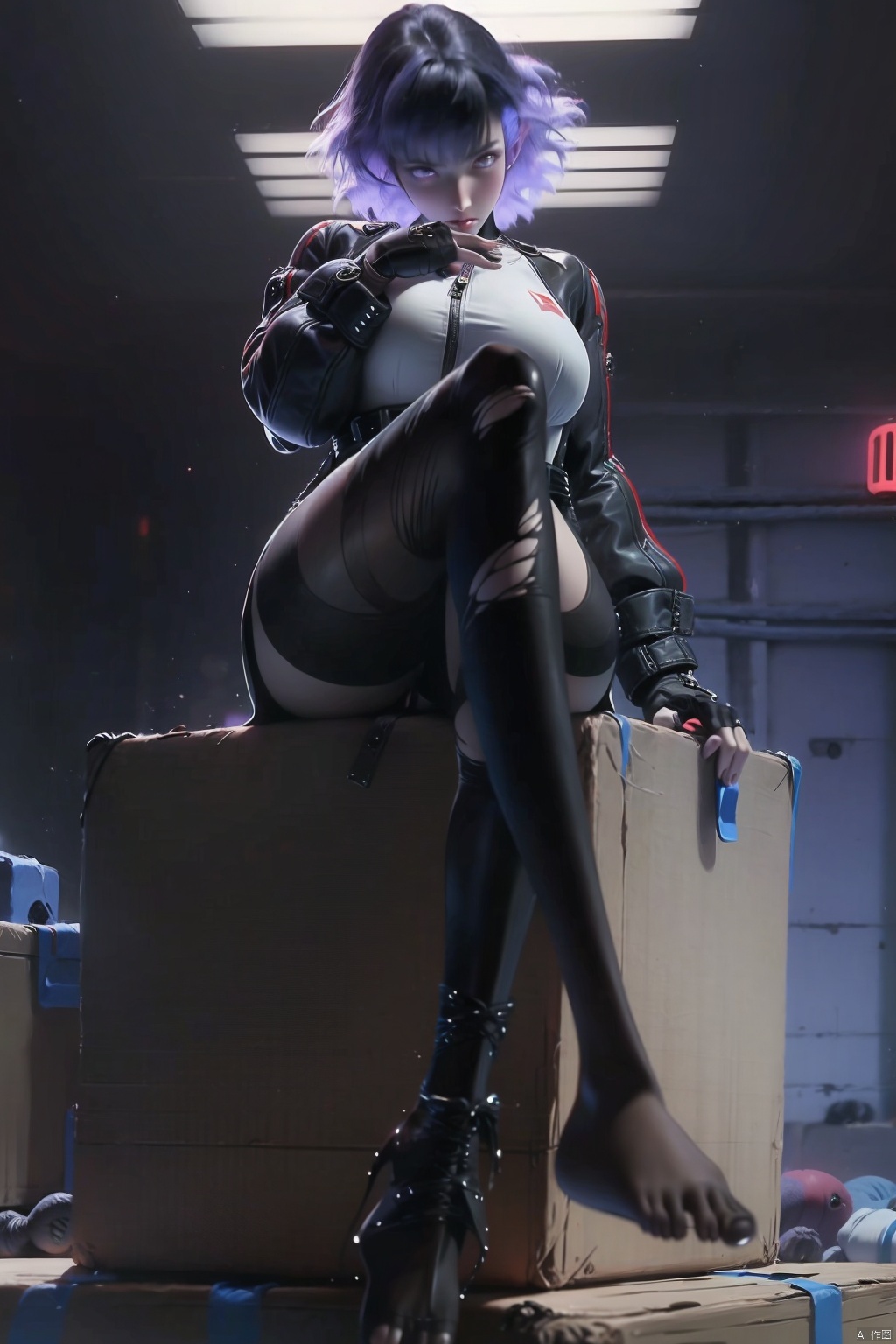 1girl
solo
short hair
bangs
black hair
gloves
sitting
purple eyes
jacket
full body
pantyhose
black gloves
fingerless gloves
feet
torn clothes
toes
no shoes
box
torn pantyhose
cyborg
cyberpunk
kusanagi motoko

