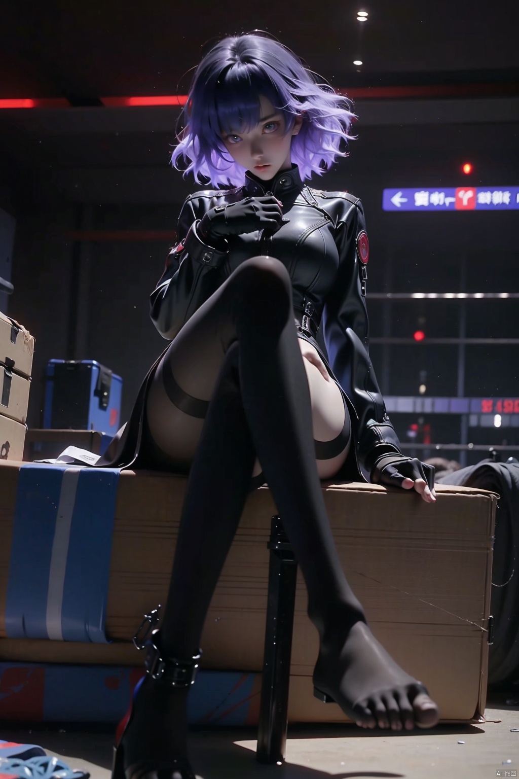 1girl
solo
short hair
bangs
black hair
gloves
sitting
purple eyes
jacket
full body
pantyhose
black gloves
fingerless gloves
feet
torn clothes
toes
no shoes
box
torn pantyhose
cyborg
cyberpunk
kusanagi motoko

