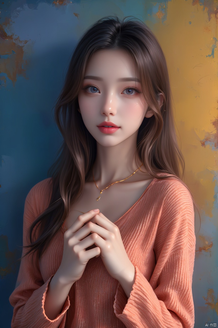 Captured in a close-up, eye-level shot, a beautiful Asian woman with long, straight brown hair stands in front of a multicolored backdrop. She is dressed in a salmon colored sweater, her hair cascades over her shoulders, adding a touch of movement to her face. Her eyes are a piercing blue, her lips are a deep red, her nose is a lighter shade of pink. Her hands are clasped in a relaxed fashion, her hands resting on her chest. The backdrop is a mix of blue, yellow, and green, creating a vibrant contrast to the woman's skin.
