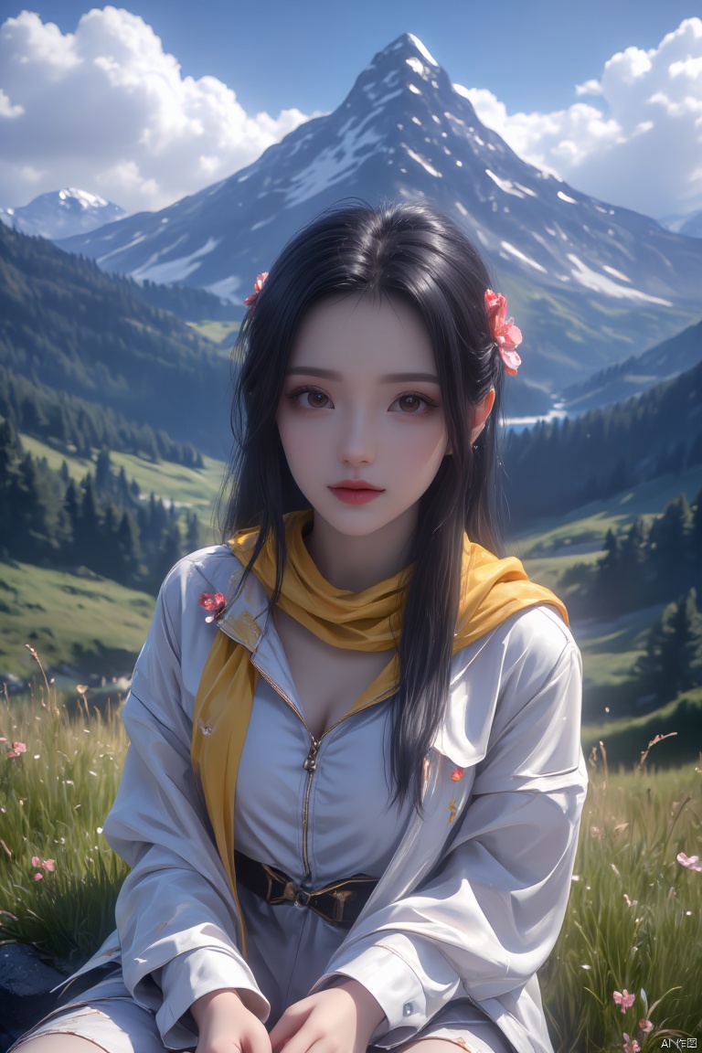 a woman with long black hair, wearing a white jacket and a yellow scarf with red flowers on it. She is sitting on a grassy hillside, with a mountain in the background. The sky is blue, dotted with white clouds, adding a touch of color to the scene.