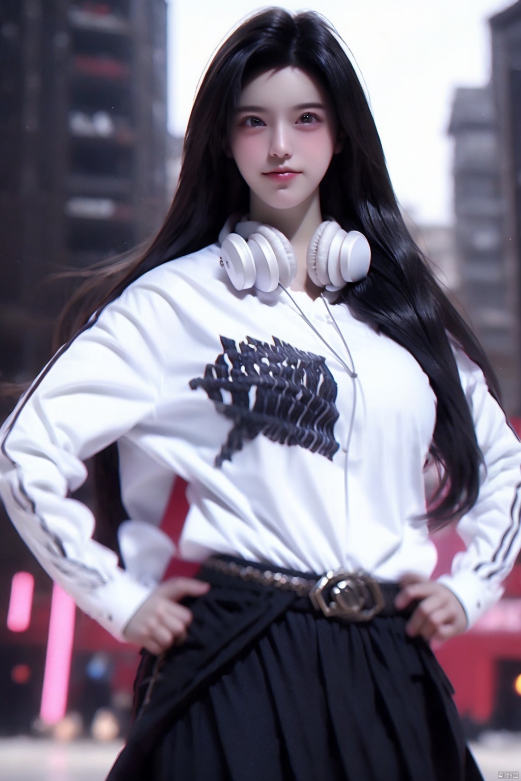 1girl
solo
long hair
looking at viewer
smile
skirt
shirt
black hair
long sleeves
standing
white shirt
cowboy shot
sweater
headphones
white skirt
hands on hips
realistic
headphones around neck


