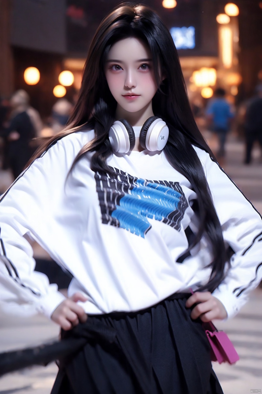 1girl
solo
long hair
looking at viewer
smile
skirt
shirt
black hair
long sleeves
standing
white shirt
cowboy shot
sweater
headphones
white skirt
hands on hips
realistic
headphones around neck


