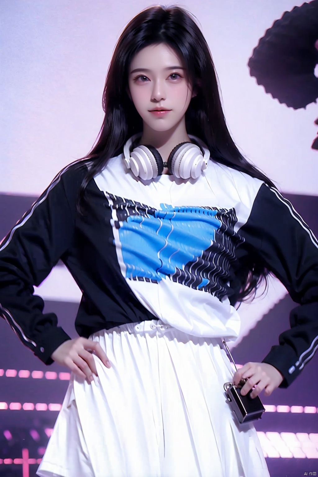 1girl
solo
long hair
looking at viewer
smile
skirt
shirt
black hair
long sleeves
standing
white shirt
cowboy shot
sweater
headphones
white skirt
hands on hips
realistic
headphones around neck


