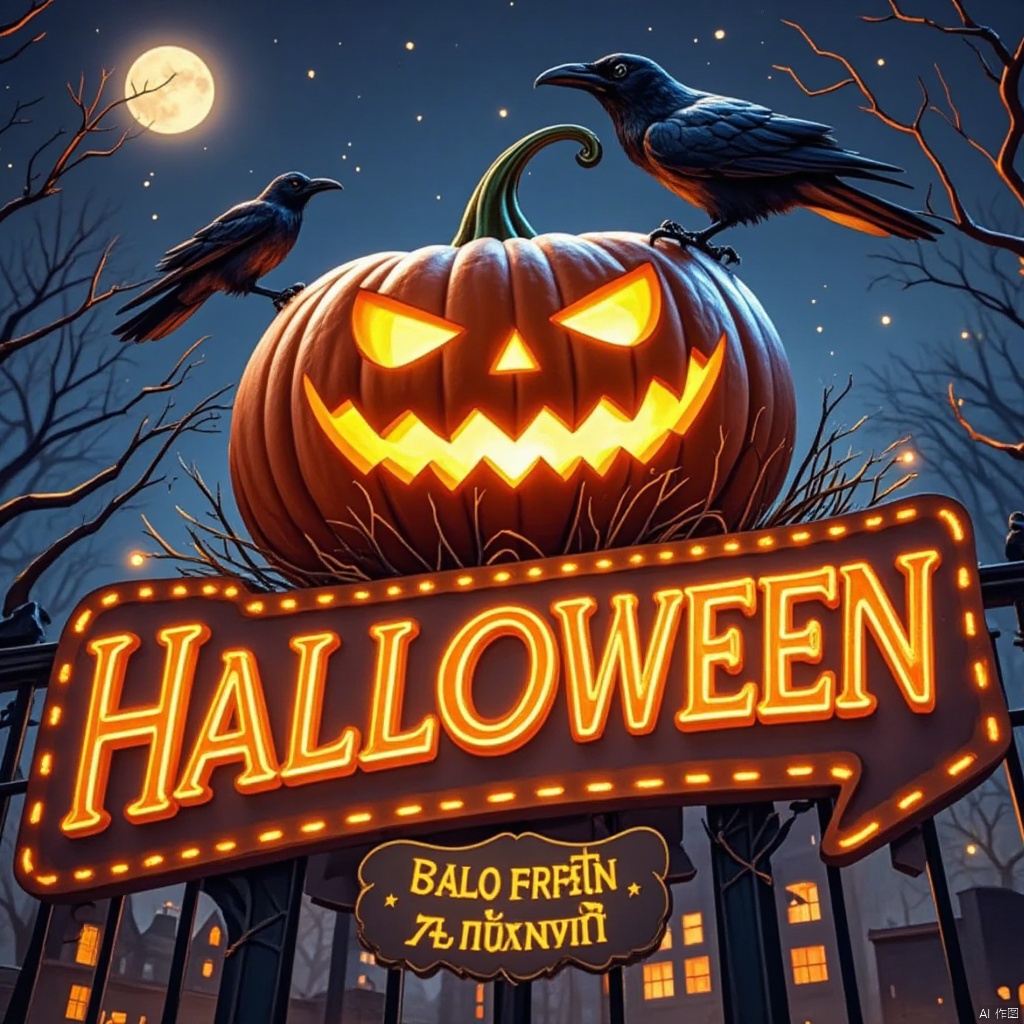 Captured at eye-level, a vibrant orange jack-o-lantern is adorned with glowing yellow eyes and a green stem. Above the pumpkin, two black crows are perched on a black wrought-iron fence, adding a pop of color to the scene. The sign, "HALLOWEEN" is adorned in a bright orange glow, with a yellow sign below it in a foreign language. The sky is a deep blue, dotted with white stars, and a full moon is visible in the upper left corner of the image.
