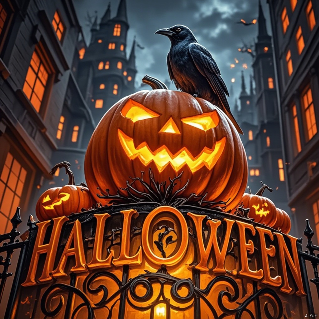a black crows perches on a carved pumpkin, adorned with a carved smiley face carved into it. The pumpkin is placed on a black wrought iron gate, adorned in a vibrant orange glow. The word "HALLOWEEN" is carved into the gate, beneath the pumpkins, adding a festive touch to the scene. The scene is set against a backdrop of tall buildings, their windows lit up with orange lights, creating a vibrant contrast to the dark sky.