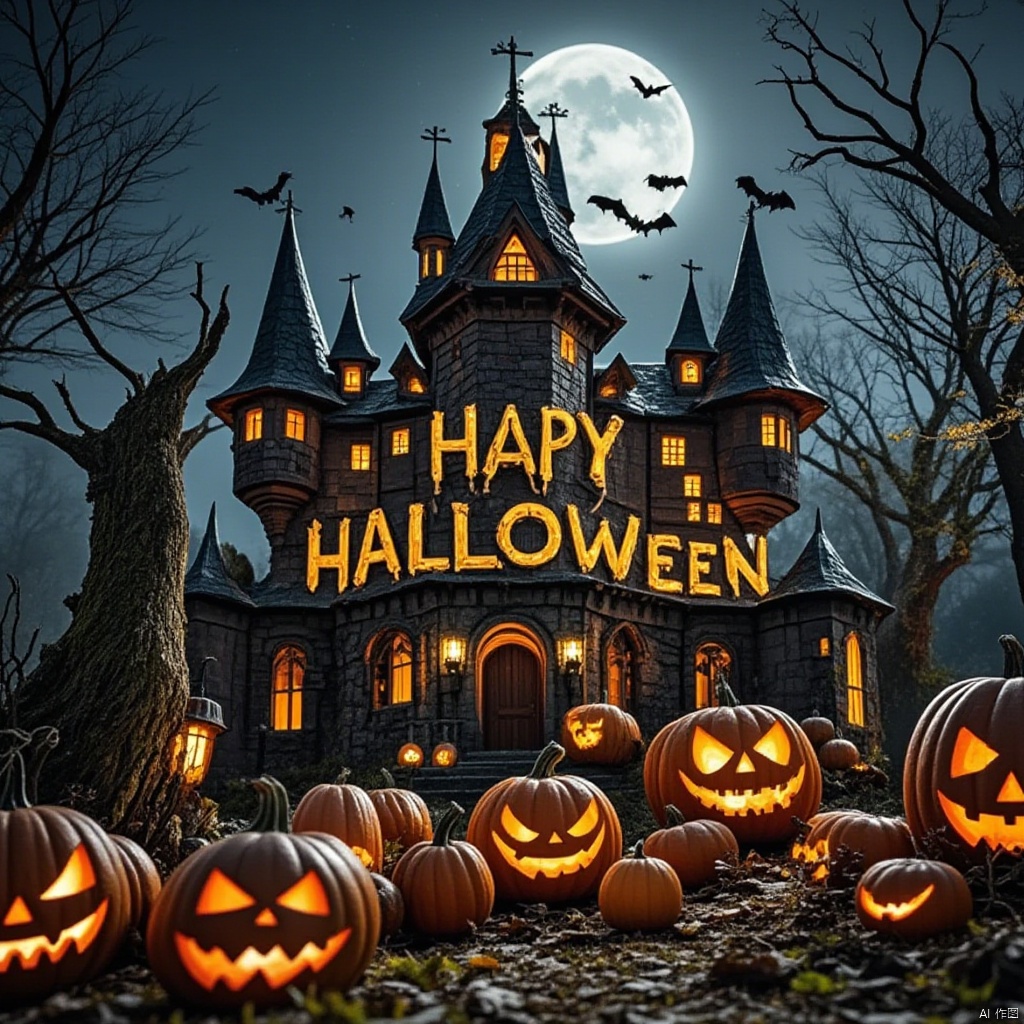 Captured at eye-level, a full view of a halloween scene features a castle-like building adorned with a sign that reads "HAPPY HALLOWEEN" in yellow letters. The building is adorned with three pointed towers, each with a black roof and a brown door. In front of the building, there are several pumpkins that are carved into the shape of a jack-o-lantern. The pumpkins are arranged in a pile of leaves and twigs, adding a festive touch to the scene. In the background, a large full moon is visible, adding depth to the composition.
