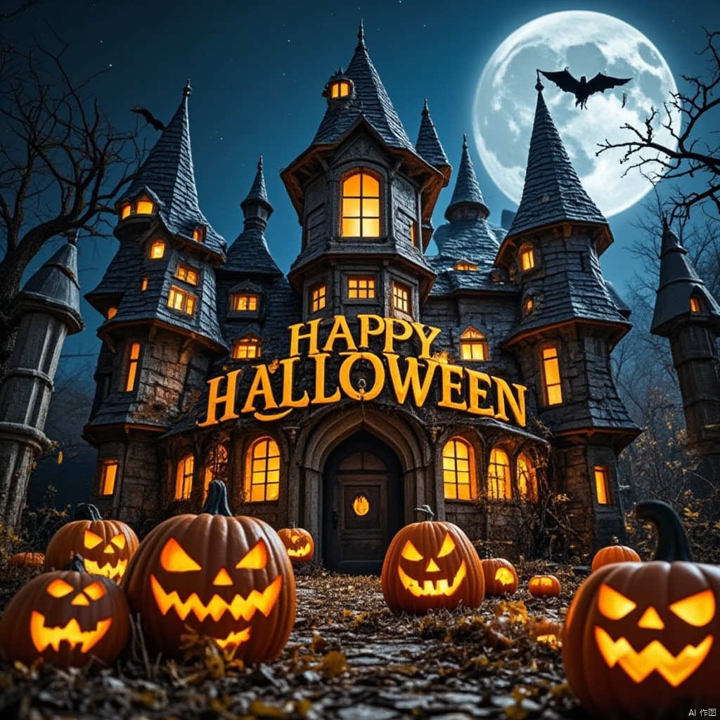 Captured at eye-level, a full view of a halloween scene features a castle-like building adorned with a sign that reads "HAPPY HALLOWEEN" in yellow letters. The building is adorned with three pointed towers, each with a black roof and a brown door. In front of the building, there are several pumpkins that are carved into the shape of a jack-o-lantern. The pumpkins are arranged in a pile of leaves and twigs, adding a festive touch to the scene. In the background, a large full moon is visible, adding depth to the composition.