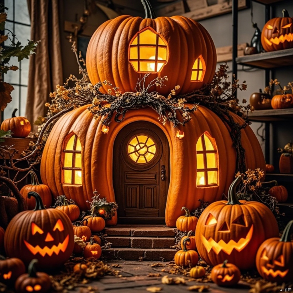 a vibrant orange pumpkin house is adorned with a carved wooden door, adorned with wreaths and a window. The house is surrounded by a variety of carved pumpkins, each with a unique face carved into the shape of a jack-o-lantern, adding a festive touch to the scene. The porch is situated on a brick floor, with a set of stairs leading up to the entrance. Adjacent to the porch, a few more pumpkins are arranged on the floor, adding depth to the composition. To the right of the pumpkin house, a wooden shelf is visible, adding to the ambiance of the image.