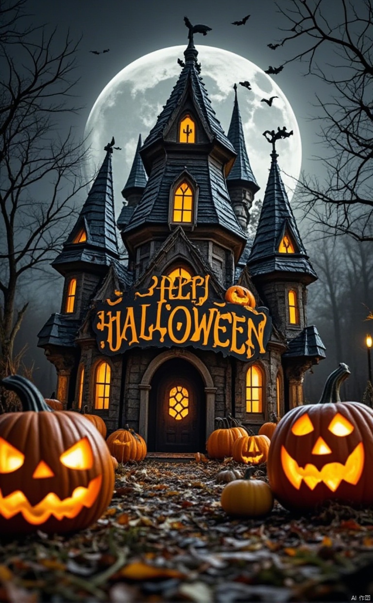Captured at eye-level, a full view of a halloween scene features a castle-like building adorned with a sign that reads "HAPPY HALLOWEEN" in yellow letters. The building is adorned with three pointed towers, each with a black roof and a brown door. In front of the building, there are several pumpkins that are carved into the shape of a jack-o-lantern. The pumpkins are arranged in a pile of leaves and twigs, adding a festive touch to the scene. In the background, a large full moon is visible, adding depth to the composition.