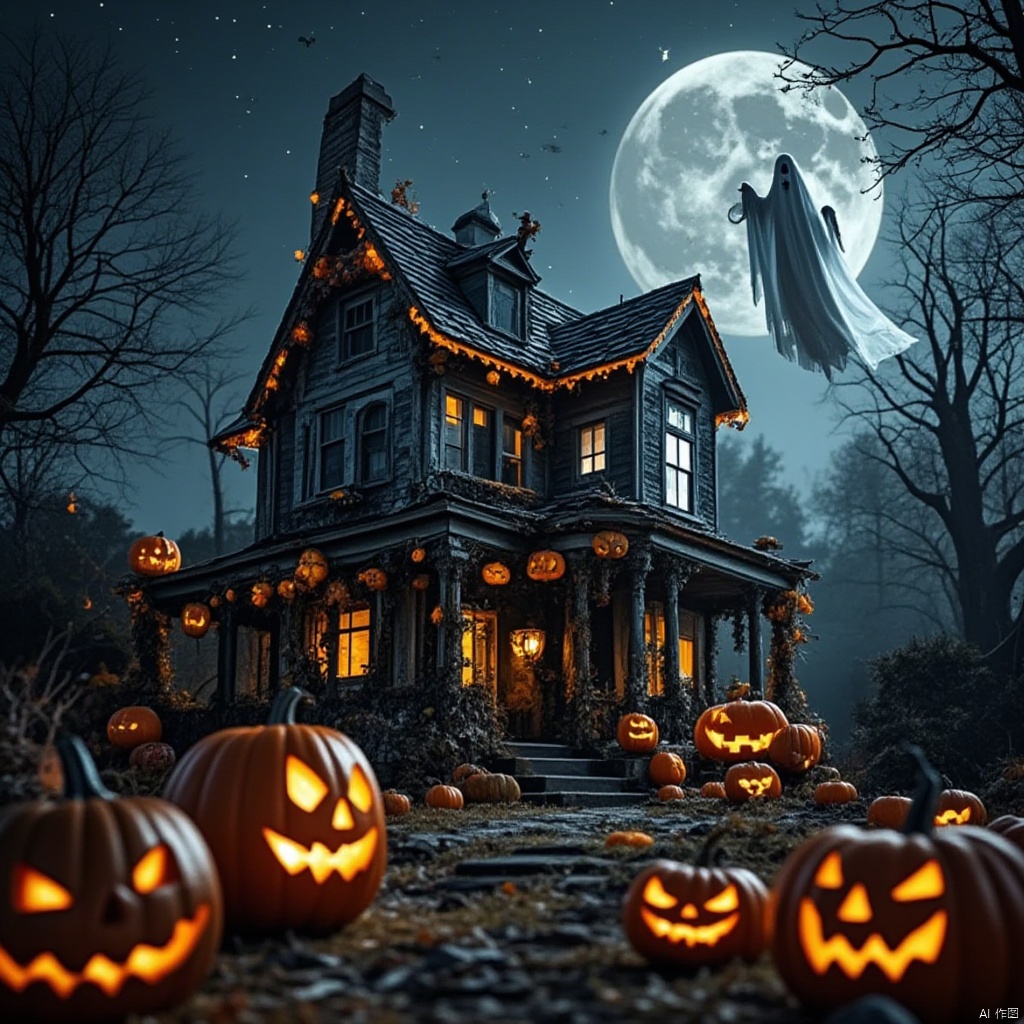 Captured at eye-level, a full-angle shot captures a spooky Halloween scene. The focal point of the image is a black-and-white house, adorned with a black roof and a black staircase. The house is adorned with orange lights, adding a touch of warmth to the scene. In front of the house, a pile of pumpkins, their faces glowing with a glowing orange hue. The sky is a deep blue, dotted with white stars, adding to the spooky atmosphere. The moon, a silhouette of a ghost, is prominently displayed in the upper right corner of the frame.