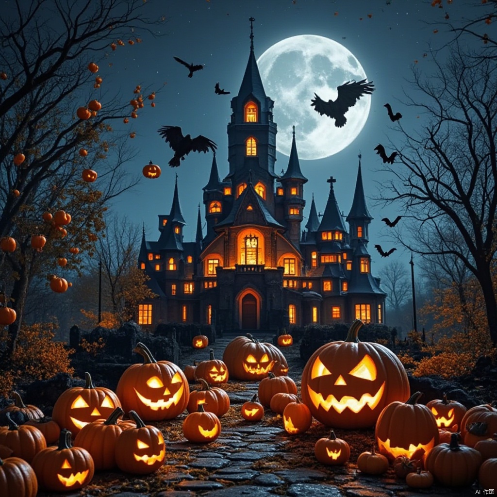 Captured at eye-level, a full view of a halloween scene features a castle-like building with a pointed roof, adorned with orange lights. The building is adorned with black spires and a large white moon, adding a touch of color to the scene. In front of the building, a pile of pumpkins are arranged on a cobblestone walkway, creating a striking contrast. The pumpkins have been carved into the shape of a jack-o-lantern, with their eyes glowing a bright orange. The sky is a deep blue, with a few wispy clouds in the air, adding depth to the overall composition.