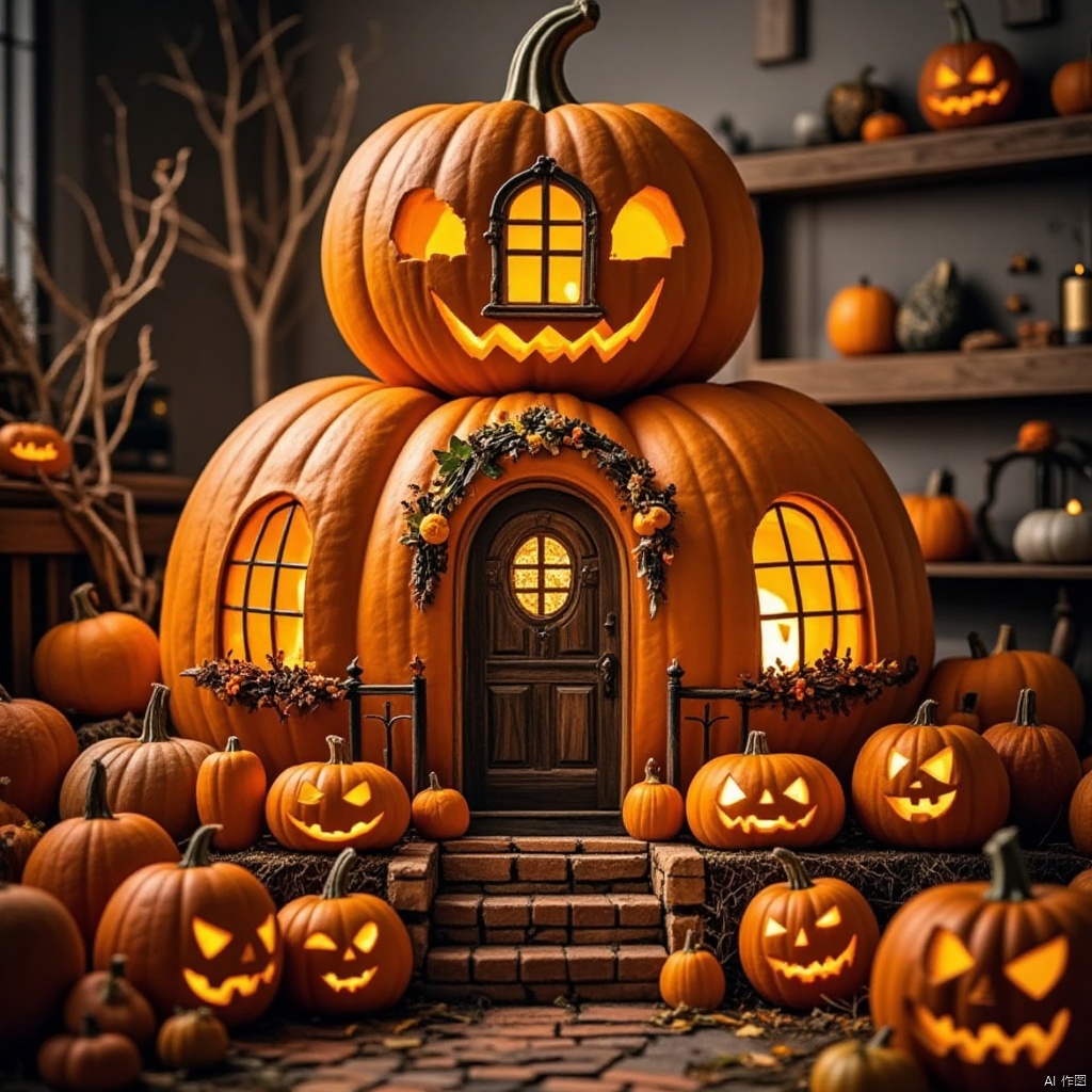 a vibrant orange pumpkin house is adorned with a carved wooden door, adorned with wreaths and a window. The house is surrounded by a variety of carved pumpkins, each with a unique face carved into the shape of a jack-o-lantern, adding a festive touch to the scene. The porch is situated on a brick floor, with a set of stairs leading up to the entrance. Adjacent to the porch, a few more pumpkins are arranged on the floor, adding depth to the composition. To the right of the pumpkin house, a wooden shelf is visible, adding to the ambiance of the image.