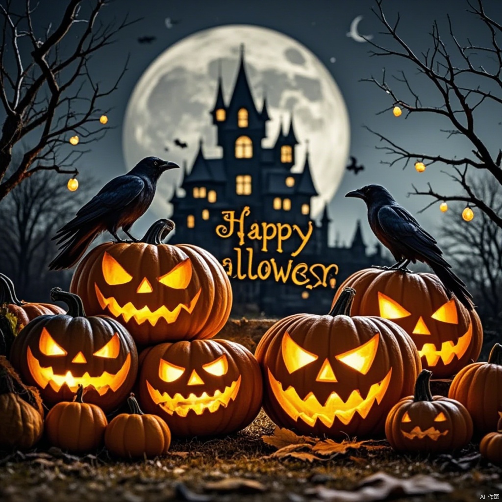 Captured at eye-level, a full view of a Halloween scene is captured in a close-up shot. In the foreground, a pile of jack-o-lanterns are arranged on a grassy patch, their faces glowing with orange lights. Two black crows are perched on top of the pile of pumpkins, their heads facing towards the right side of the image. The scene is set against a backdrop of a full moon, a castle-like building with a pointed roof, and the words "Happy Halloween" written in gold lettering in the center of the frame. The castle is adorned with a few orange lights, adding a touch of warmth to the scene.