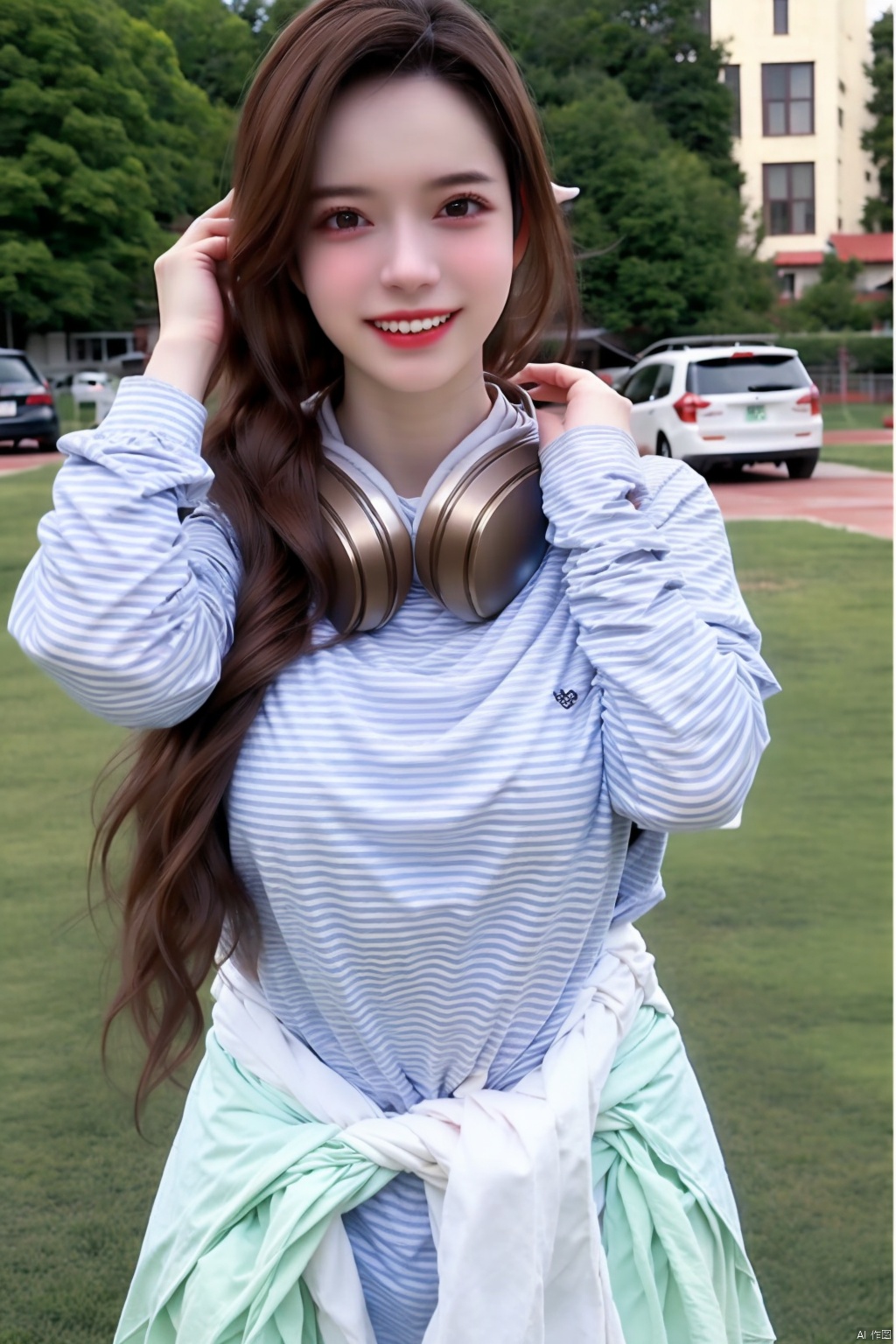 1girl
solo
long hair
looking at viewer
smile
brown hair
shirt
brown eyes
ponytail
outdoors
teeth
day
striped
grin
headphones
striped shirt
clothes around waist
headphones around neck
photo background



