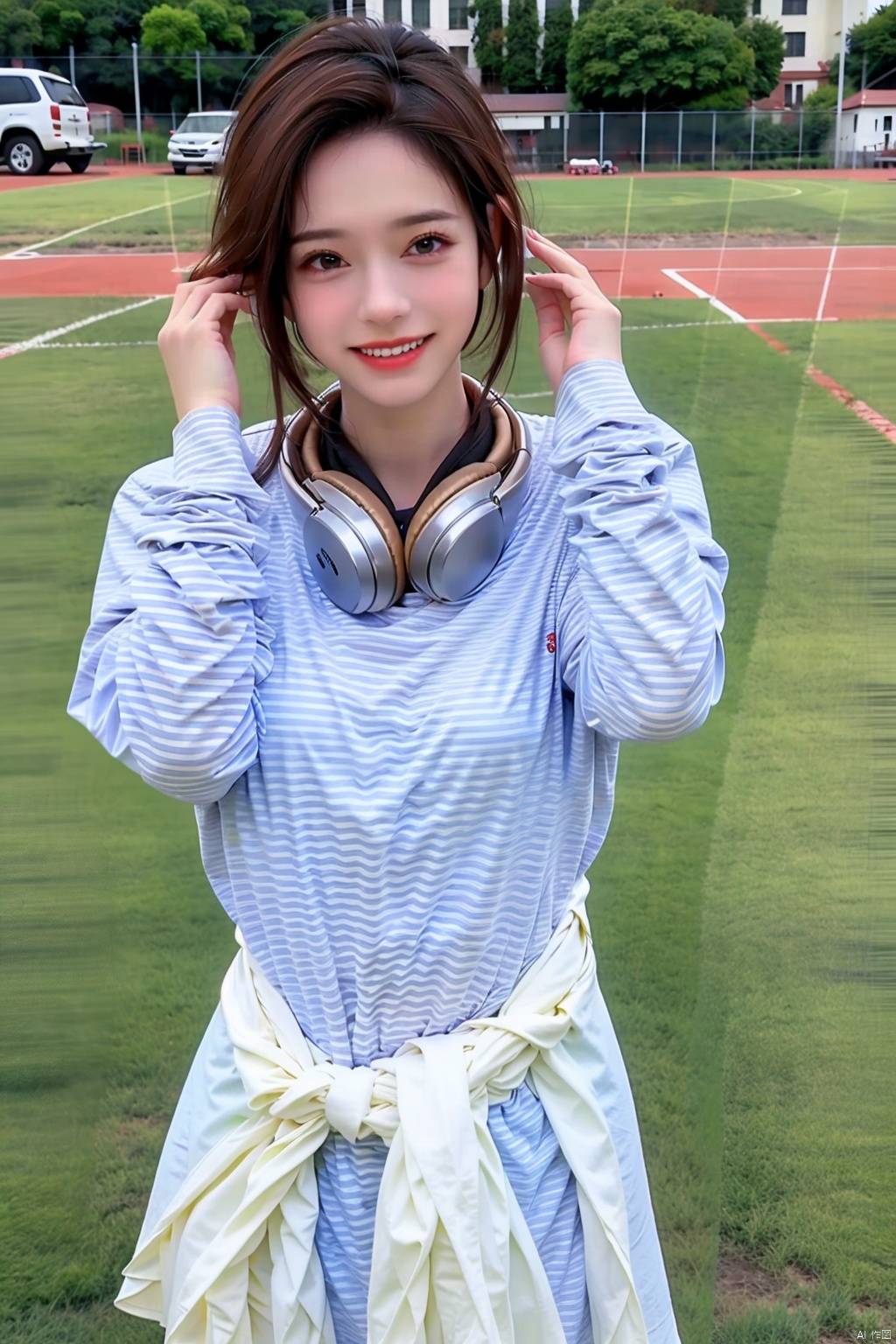 1girl
solo
long hair
looking at viewer
smile
brown hair
shirt
brown eyes
ponytail
outdoors
teeth
day
striped
grin
headphones
striped shirt
clothes around waist
headphones around neck
photo background



