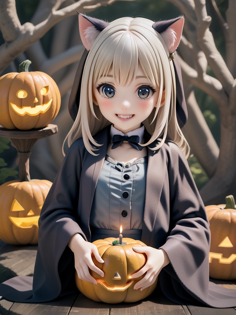 Amidst the enchanting shadows of a haunted forest,  a charming girl dressed as a tiny witch,  her costume adorned with gli...
