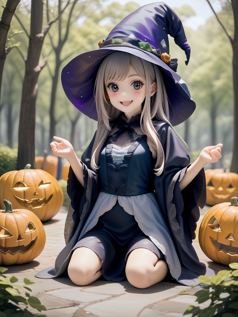Amidst the enchanting shadows of a haunted forest,  a charming girl dressed as a tiny witch,  her costume adorned with gli...
