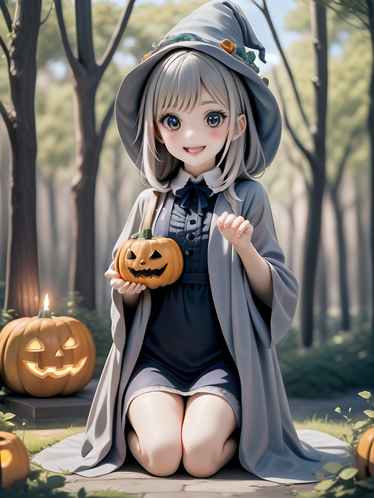 Amidst the enchanting shadows of a haunted forest,  a charming girl dressed as a tiny witch,  her costume adorned with gli...