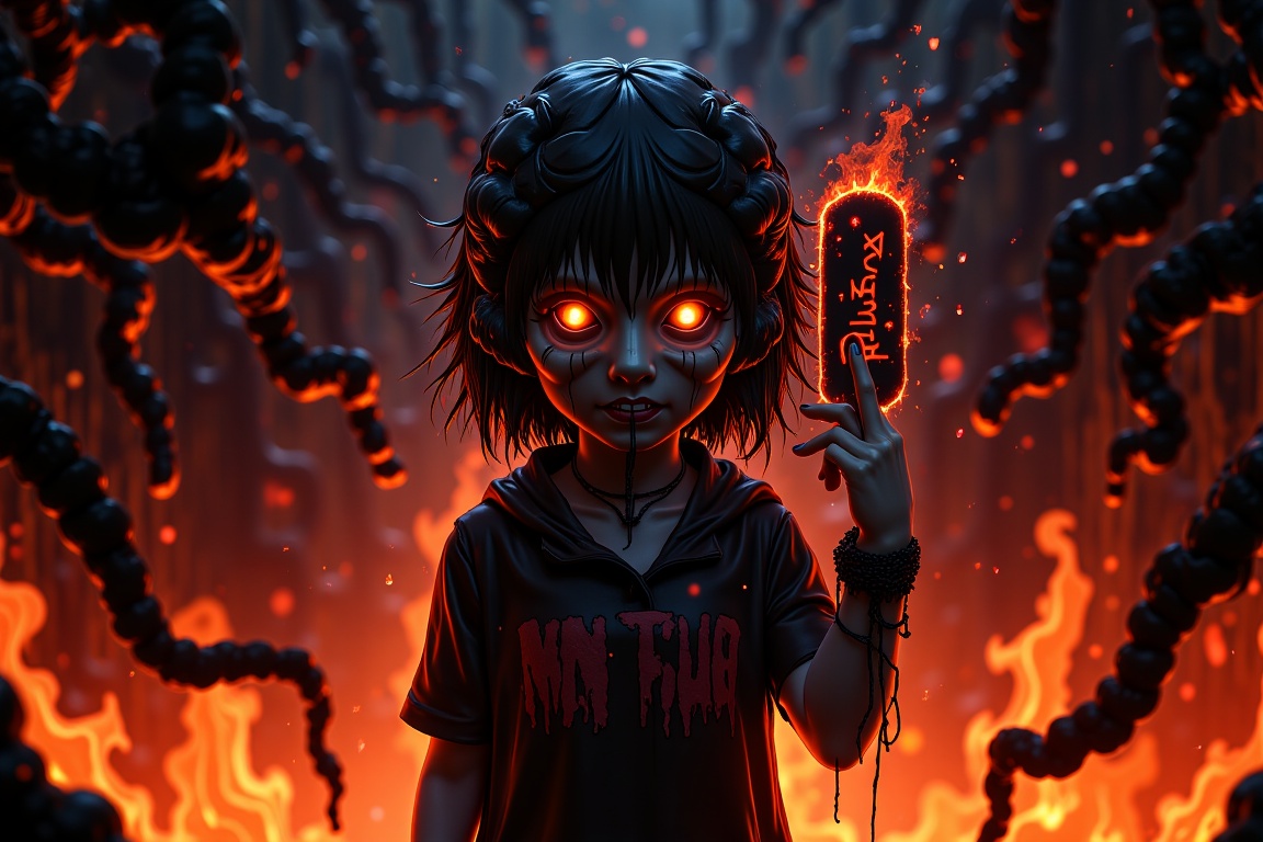 In a dimly lit,  smoldering inferno,  a lone girl with an otherworldly grin wears a skull-adorned mask on Tensor.Art