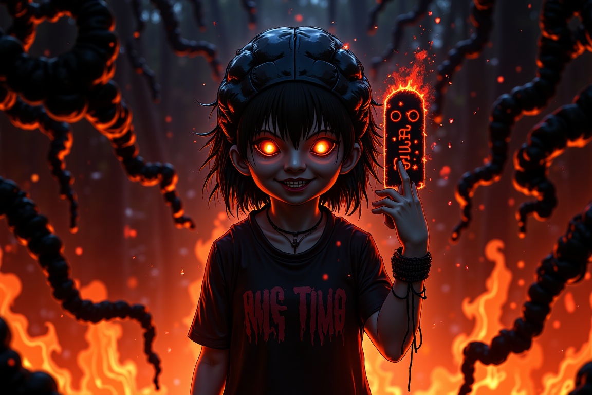 In a dimly lit,  smoldering inferno,  a lone girl with an otherworldly grin wears a skull-adorned mask on Tensor.Art