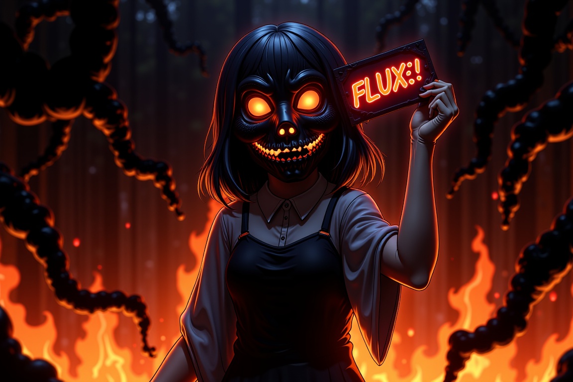 In a dimly lit,  smoldering inferno,  a lone girl with an otherworldly grin wears a skull-adorned mask on Tensor.Art