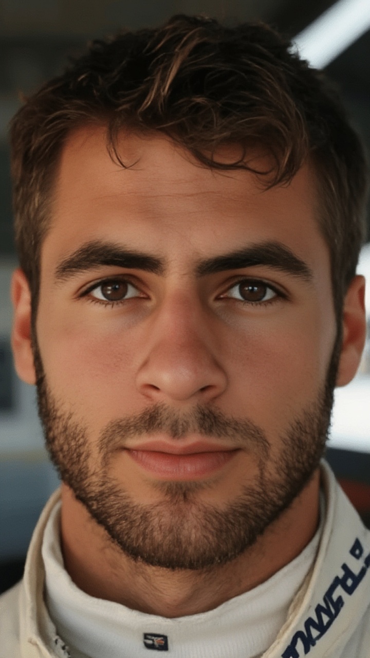 A close-up shot of a 30-year-old F1 racer wearing a Nomex suit,  his handsome features illuminated by cinematic lighting....