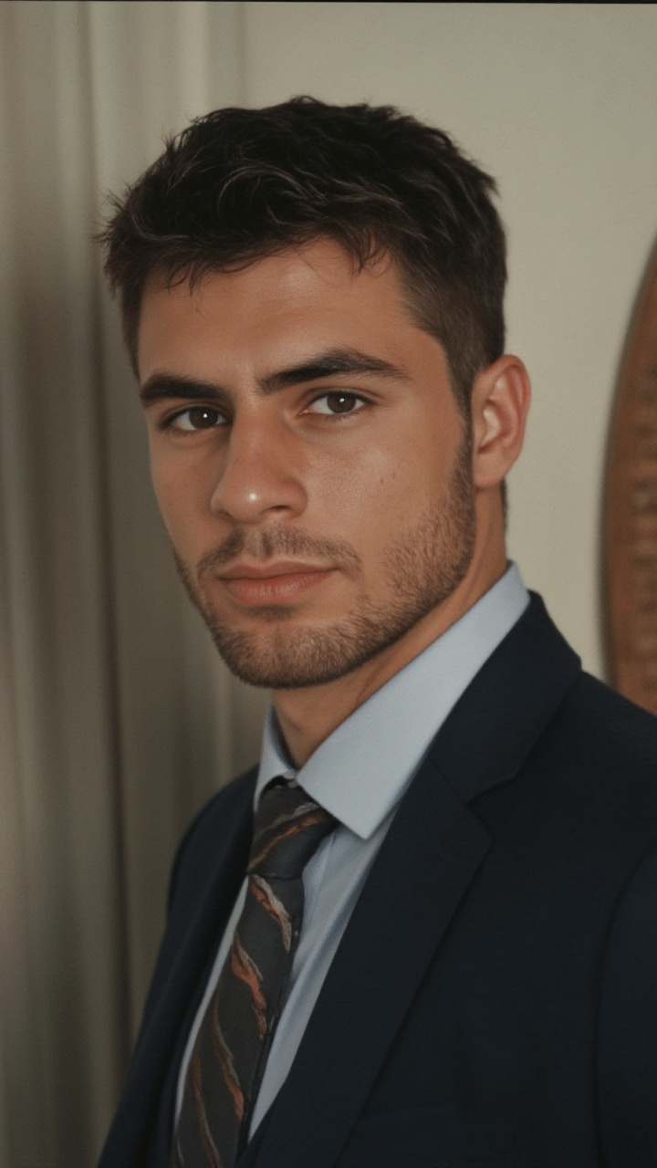 A captivating image of a dashing young CEO from the 1980s,  sporting a stylish suit and tie,  stands confidently in his of...