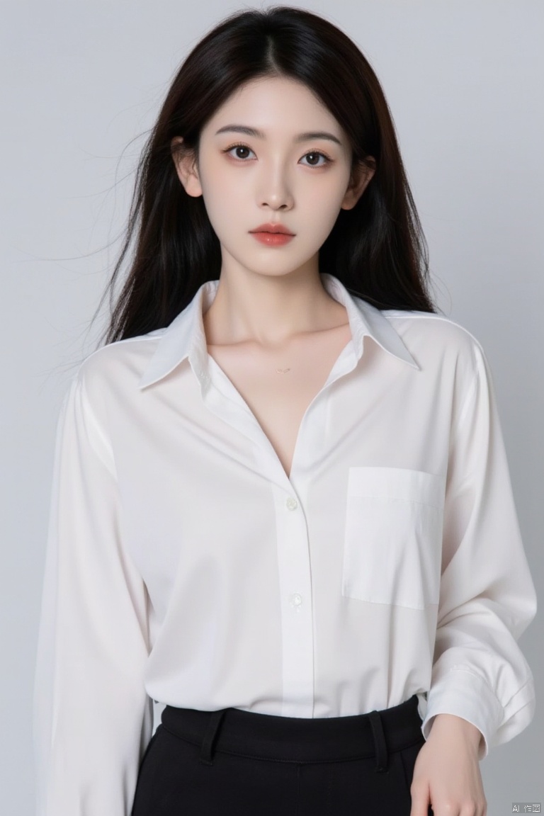 1girl,solo,breasts,long hair,cleavage,black hair,skirt,looking at viewer,large breasts,realistic,brown eyes,shirt,lips,red lips,see-through,white shirt,collarbone,simple background,shirt tucked in,pencil skirt,grey background,long sleeves,high-waist pants,makeup,cowboy shot,