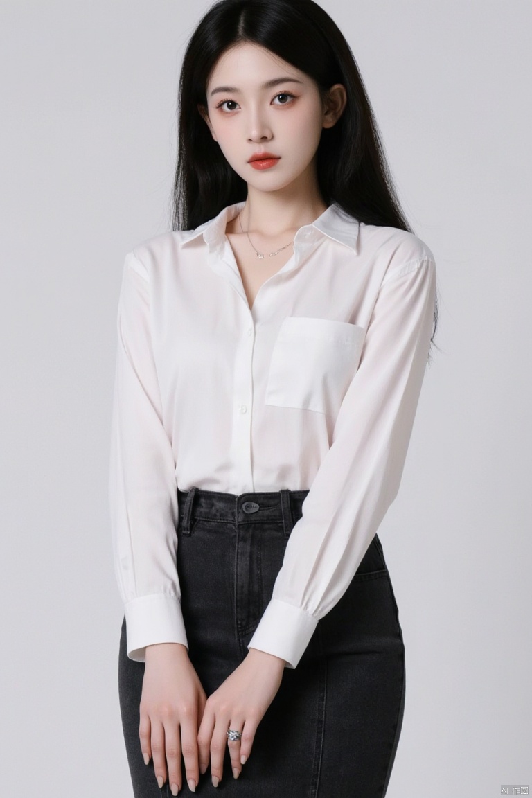 1girl,solo,breasts,long hair,cleavage,black hair,skirt,looking at viewer,large breasts,realistic,brown eyes,shirt,lips,red lips,see-through,white shirt,collarbone,simple background,shirt tucked in,pencil skirt,grey background,long sleeves,high-waist pants,makeup,cowboy shot,