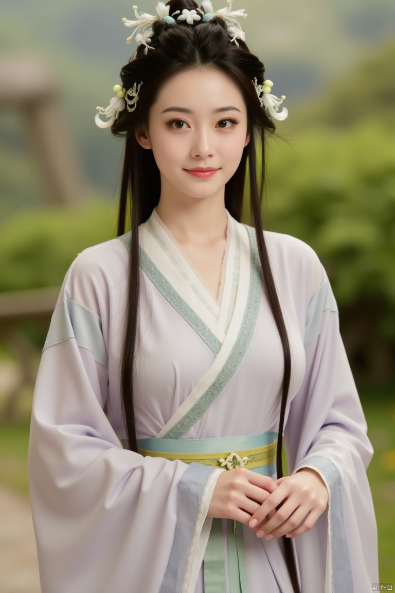 1girl,hanfu,realistic,long hair,hair ornament,long sleeves,blurry background,chinese clothes,brown hair,solo,blurry,upper body,black hair,holding,dress,closed mouth,solo focus,smile,