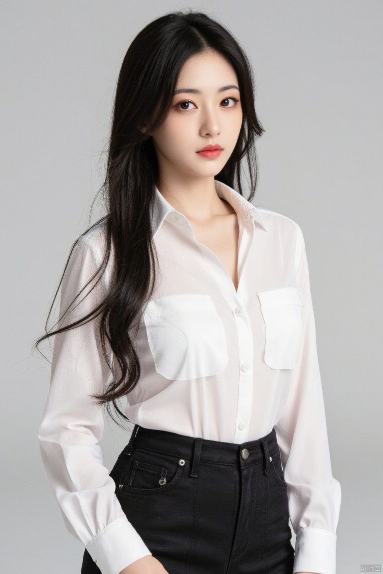 1girl,solo,breasts,long hair,cleavage,black hair,skirt,looking at viewer,large breasts,realistic,brown eyes,shirt,lips,red lips,see-through,white shirt,collarbone,simple background,shirt tucked in,pencil skirt,grey background,long sleeves,high-waist pants,makeup,cowboy shot,