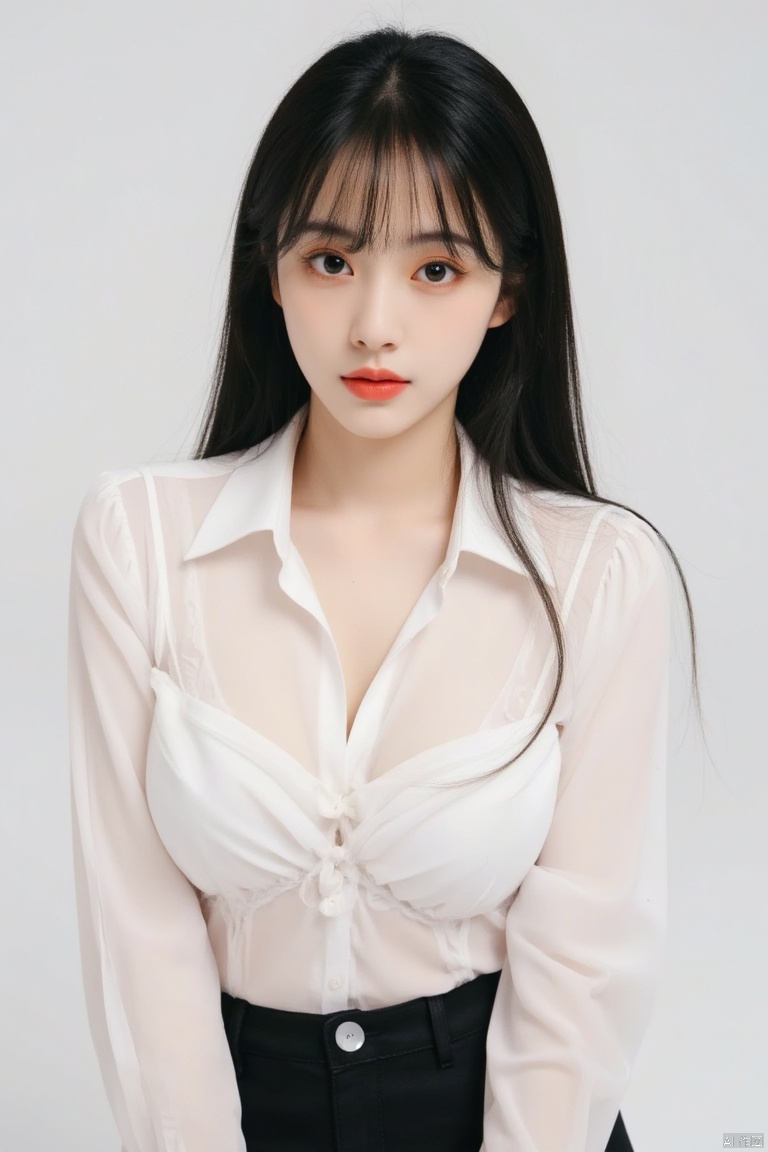 1girl,solo,breasts,long hair,cleavage,black hair,skirt,looking at viewer,large breasts,realistic,brown eyes,shirt,lips,red lips,see-through,white shirt,collarbone,simple background,shirt tucked in,pencil skirt,grey background,long sleeves,high-waist pants,makeup,cowboy shot,