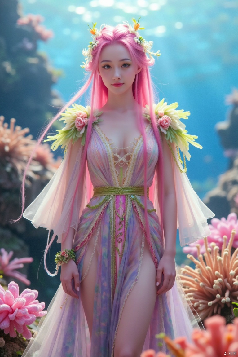 A mesmerizing underwater scene: a single girl stands majestically amidst the vibrant coral reef, her long hair flowing like seaweed in the pink mist. Her pink locks cascade down her back, while her upper body is adorned with a flowing shirt that appears to be made of iridescent sea scales. The flowers on her shirt seem to bloom in harmony with the colorful coral formations. Sharp focus and ultra-fine painting bring every detail into crystal clarity, as if gazing through an 8K lens. Studio lighting enhances the subject's features, casting a warm glow on her face. Every strand of hair, every petal, and every scale is exquisitely rendered in masterful detail, making this a true masterpiece of fantasy art.,shiny pantyhose,luoxue