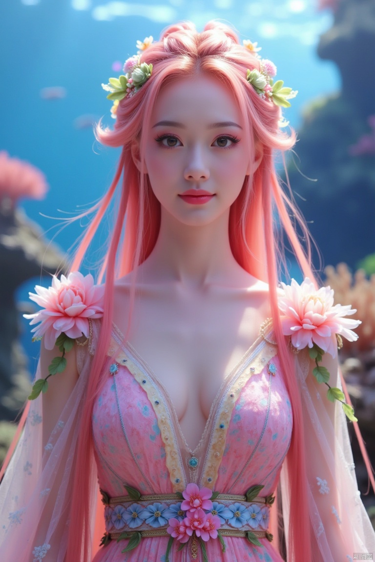 A mesmerizing underwater scene: a single girl stands majestically amidst the vibrant coral reef,  her long hair flowing li...