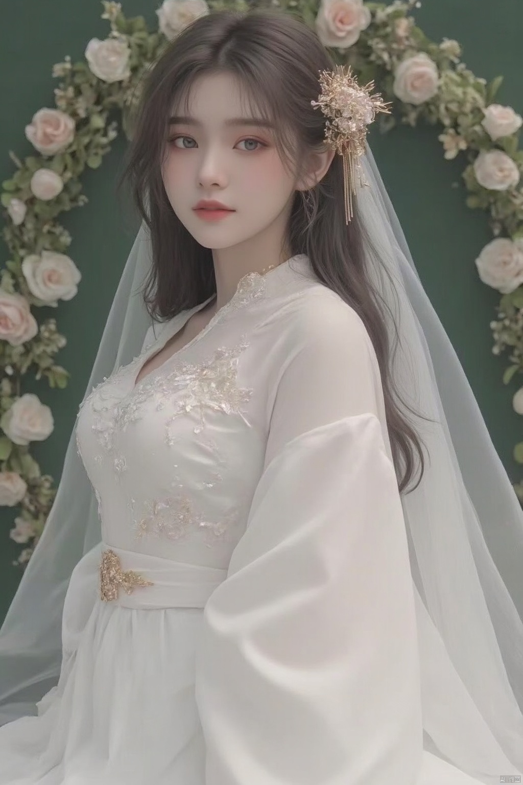 masterpiece,best quality,full body,1girl,long hair,white legwear,no shoes,bridal gauntlets,wedding dress,white hanfu,bridal veil,grass,(floral arch:1.1),(light smile:0.9),blush,,