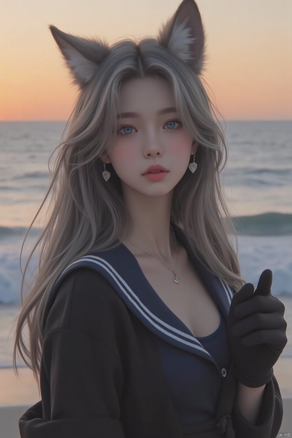 Gray Hair　blue eyes　Long Hair　have　student　Fox Ears　Nice　Blue Earrings　necklace　gloves　beauty　thin　Sailor suit　Wearing a black coat　Fantasy　smile　Coastal　sunset　Fluffy hair