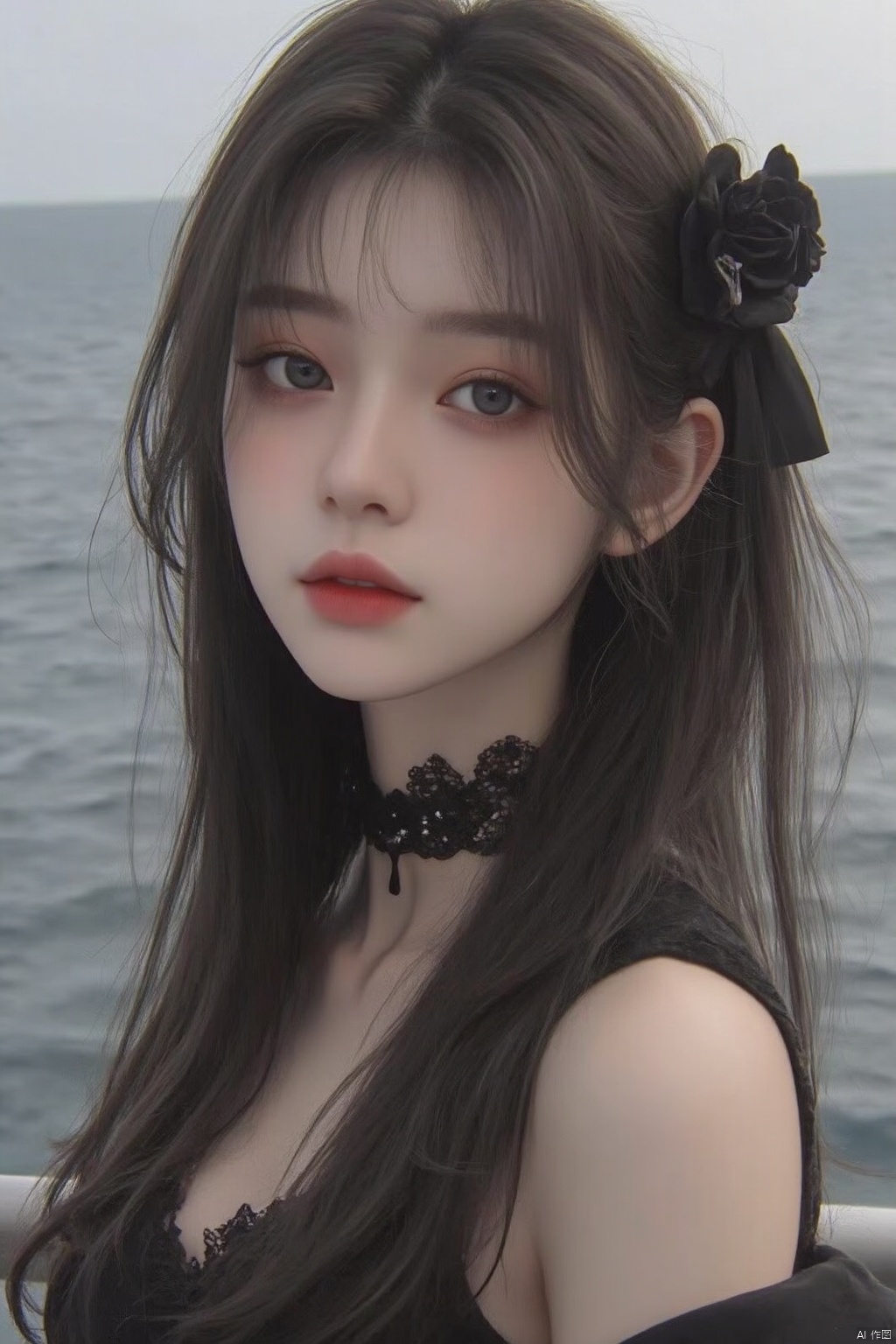beautiful girl、19 years old、(gothic fashion)、beautiful face, Exquisite details of eyes and skin、fine black shiny hair、Classy ruffles、frilled tie、ribbon tie、rose hair accessories、(smile at the camera)、(cowboy shot)、(sea of europe)、professional lighting、break、(realistic、Photoreal:1.37)、8K、(masterpiece)、(highest quality:1.4)、(Super high resolution:1.2)、 (Raw photo:1.2)、(delicate lace、soft fabric、beautiful rose pattern dress)、perfect anatomy、4 fingers and 1 thumb、seaside background、(Wallpaper by Unity 8K)