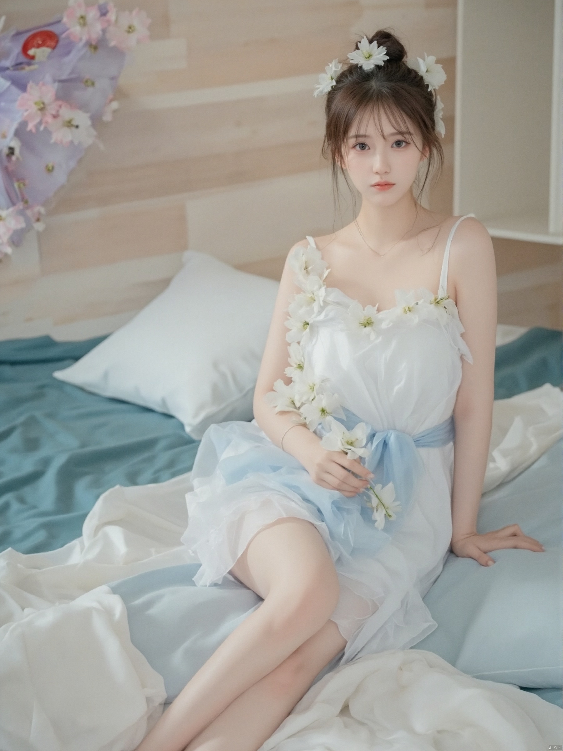 a Asian woman is seated on a bed. She is dressed in a white strapless dress with a blue sash tied around her waist,adorned with white flowers. Her hair is styled in a bun with a few white flowers on it,adding a pop of color to the scene. Her eyes are a piercing blue,and her lips are a pinkish-pink. Her feet are bare,and she is barefoot. The bed she is lying on is a teal sheet,with a white pillow on it. The backdrop is a light wood wall with a shelf on the right side of the frame. A purple umbrella is adorned with pink flowers and has a red button in the center of it.,