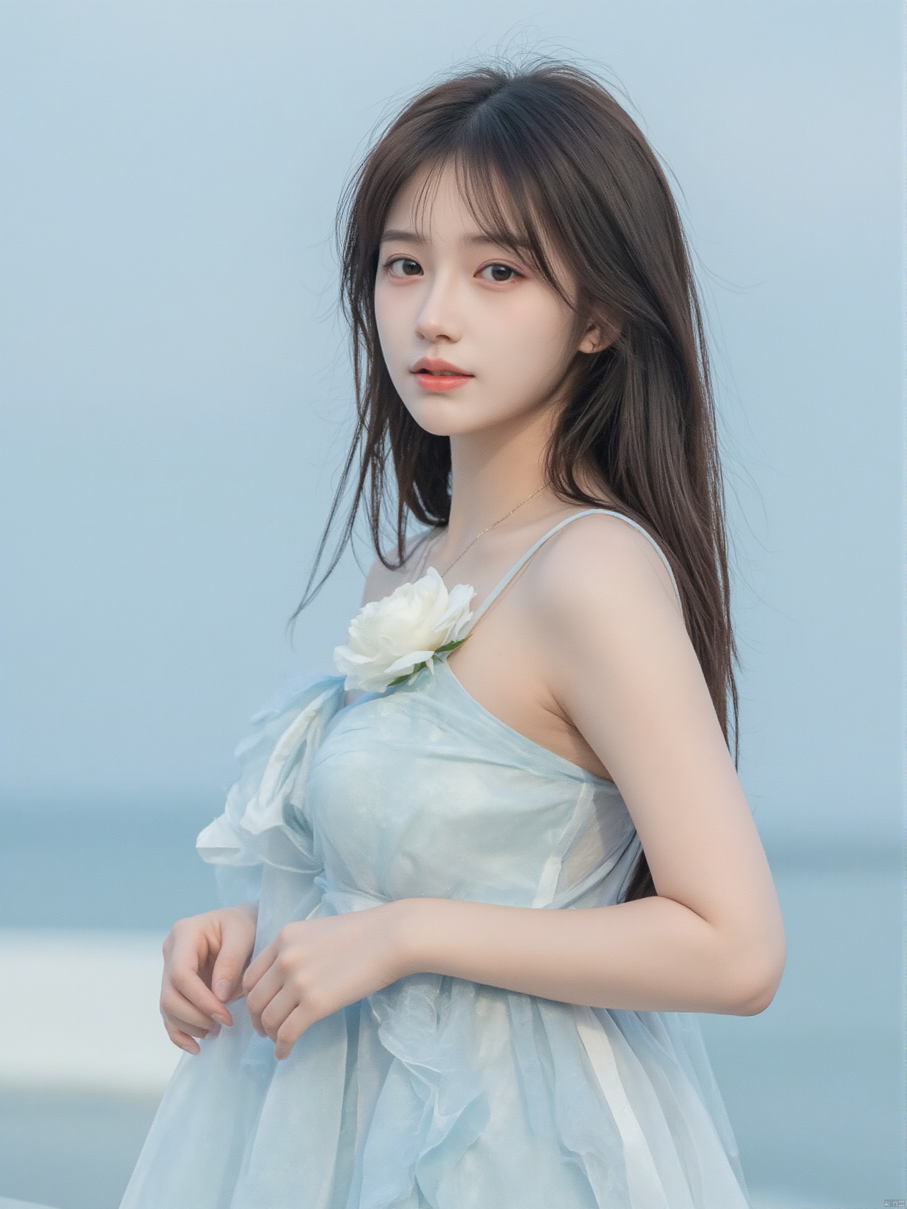 a medium-sized Asian woman with long brown hair,wearing a light blue sleeveless dress adorned with a white flower on the left side of her dress.The backdrop is a soft blue sky,creating a stark contrast to the woman's outfit.,