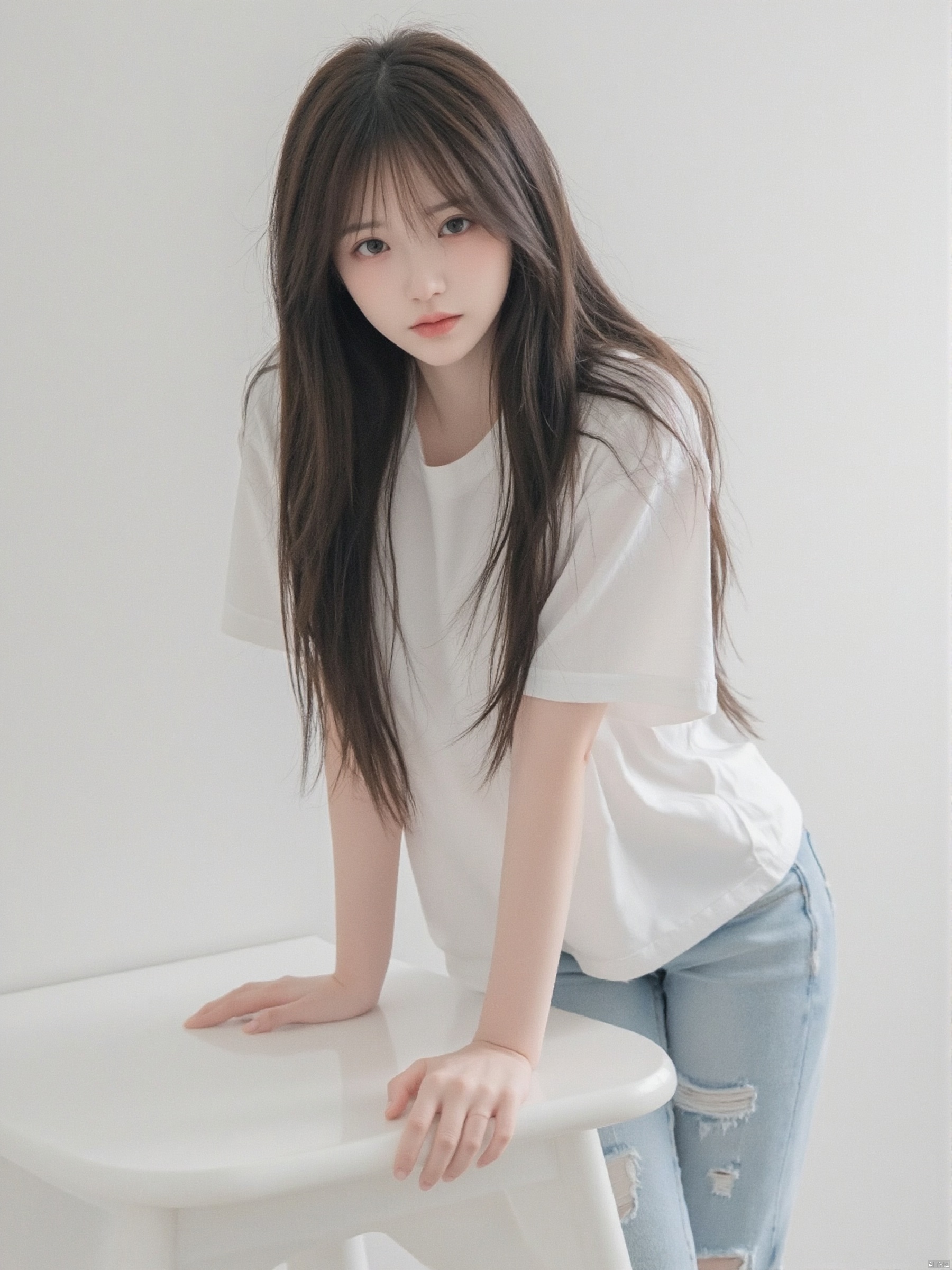 a young Asian woman with long dark brown hair,wearing a white short-sleeved t-shirt and jeans,is leaning on a white table. Her left hand is resting on the table,adding a touch of touch to the scene. The backdrop is a stark white wall,creating a stark contrast to the woman's white shirt.,