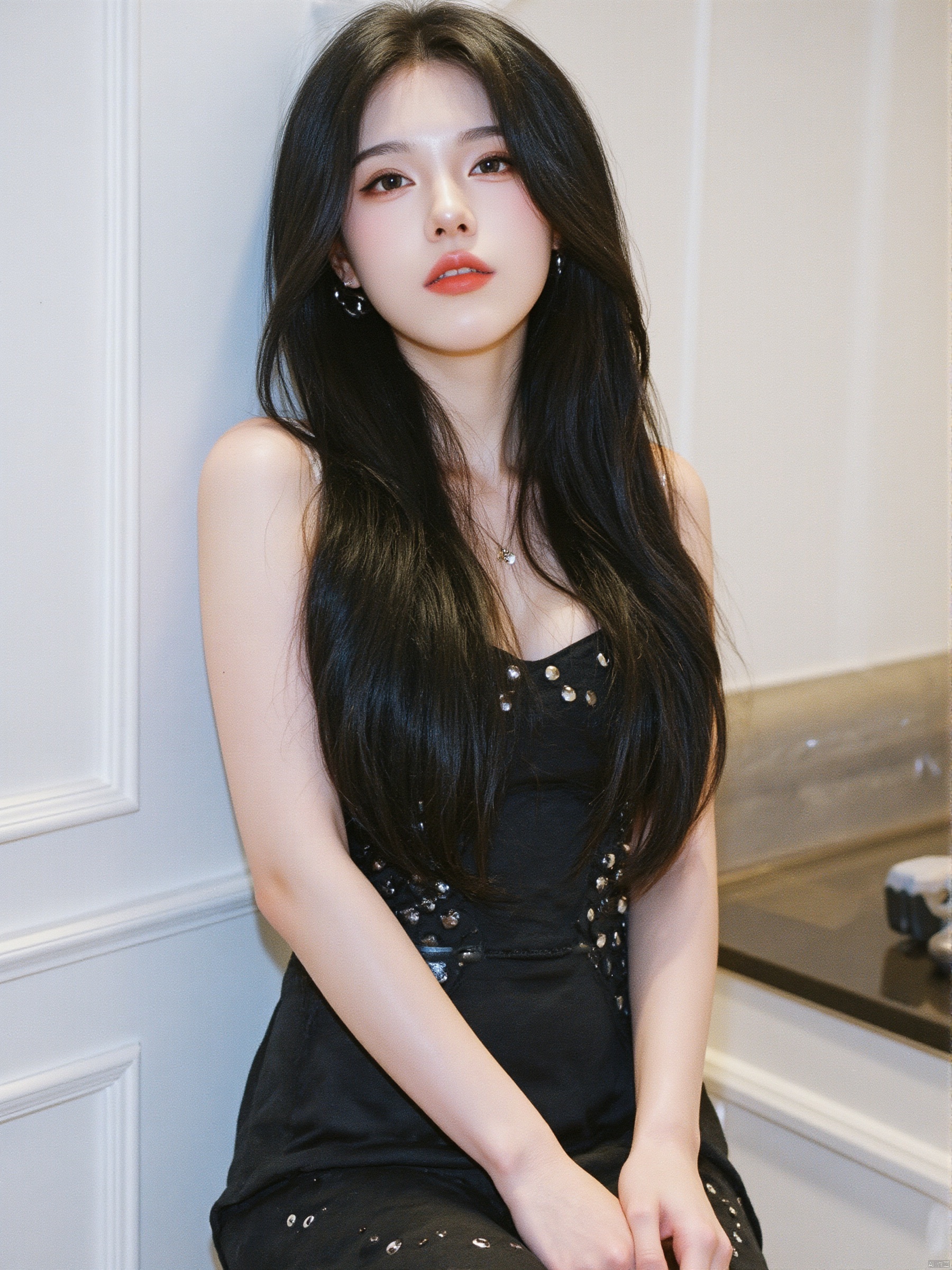 a medium-angle shot captures a woman in a black strapless dress,adorned with silver studs. Her long,dark hair is cascading down her shoulders,adding a touch of warmth to her outfit. The woman's gaze is directed towards the left side of the frame. She is leaning against a white wall. The wall is adorned with white trim,creating a stark contrast to the woman's outfit.,