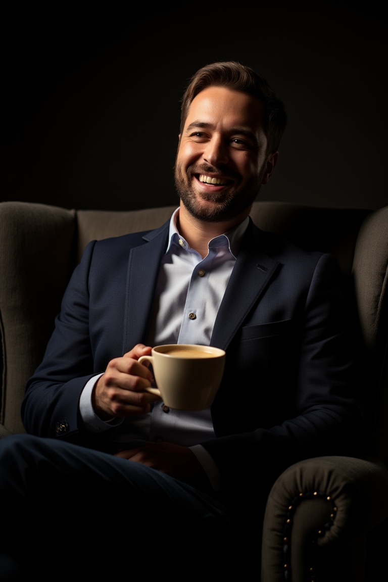 A close-up portrait of a beaming man sitting in his luxurious office,  bathed in soft,  short lighting that accentuates hi...