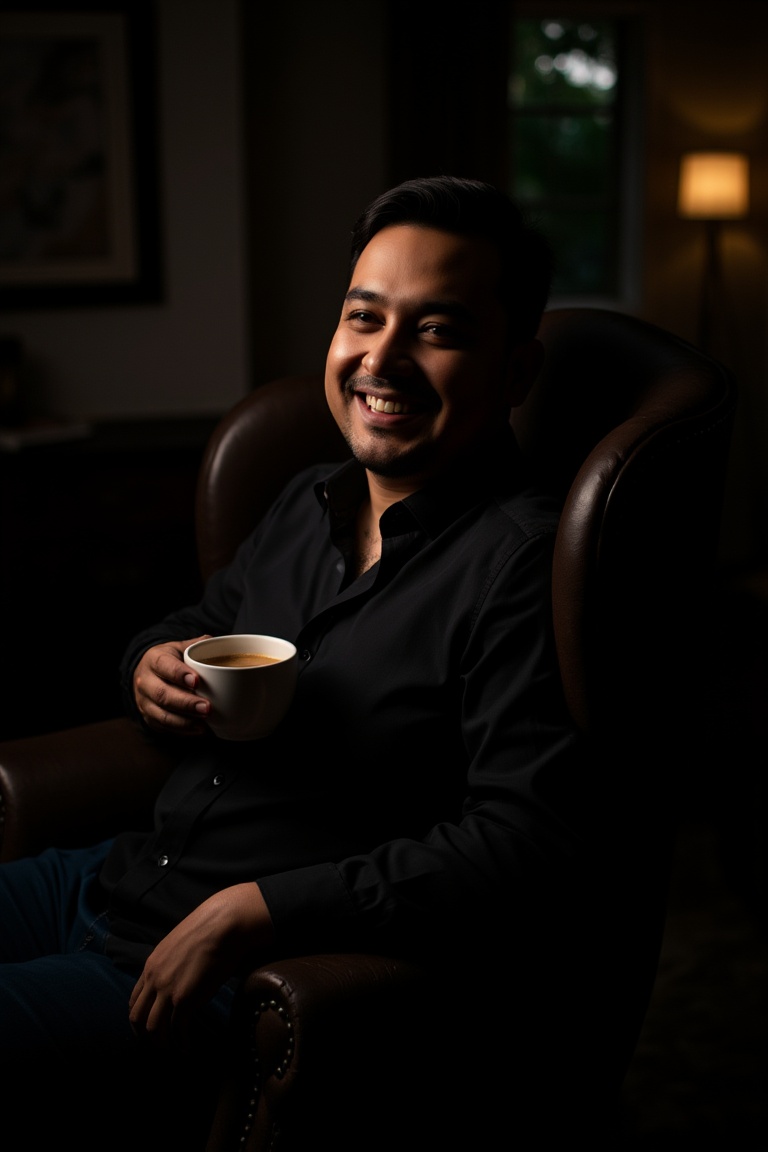 Close-up shot of a beaming man sitting in a luxurious wingback chair within a dimly lit office. Softbox studio lights illu...