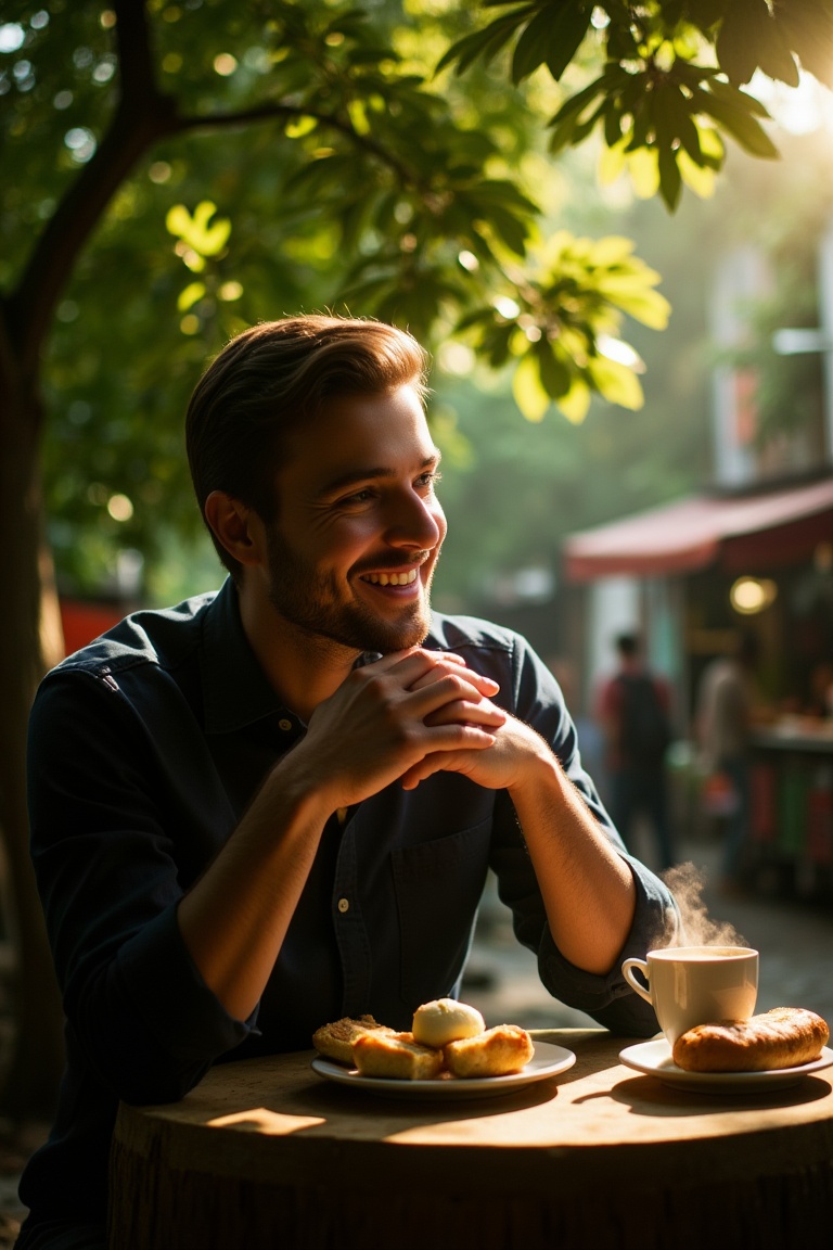 Captivating head portrait of a beaming man sitting beneath the shade of a tree,  illuminated by short lighting that accent...